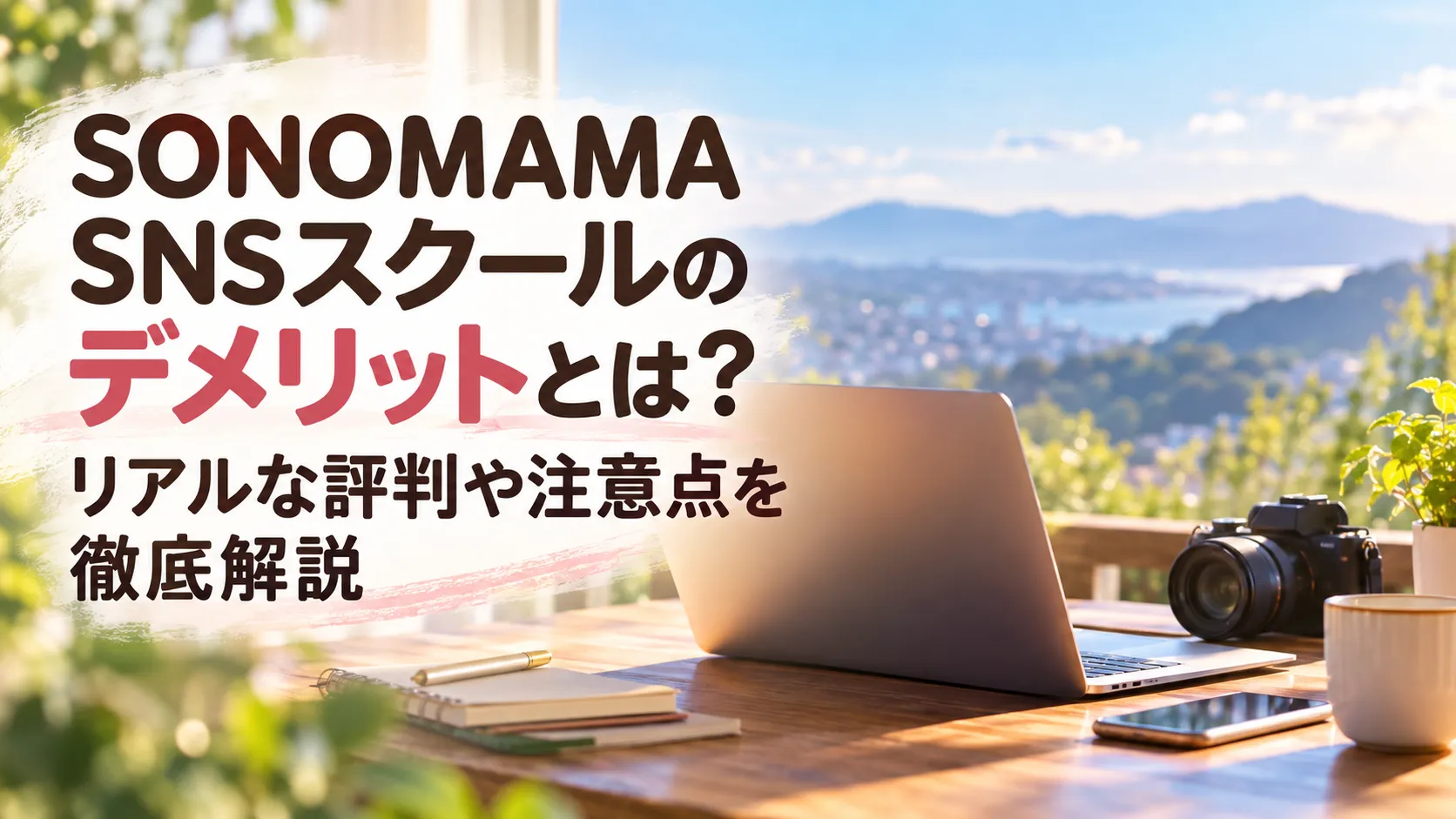 SONOMAMA SNSスクールのデメリットや評判、注意点を解説する記事のアイキャッチ画像。