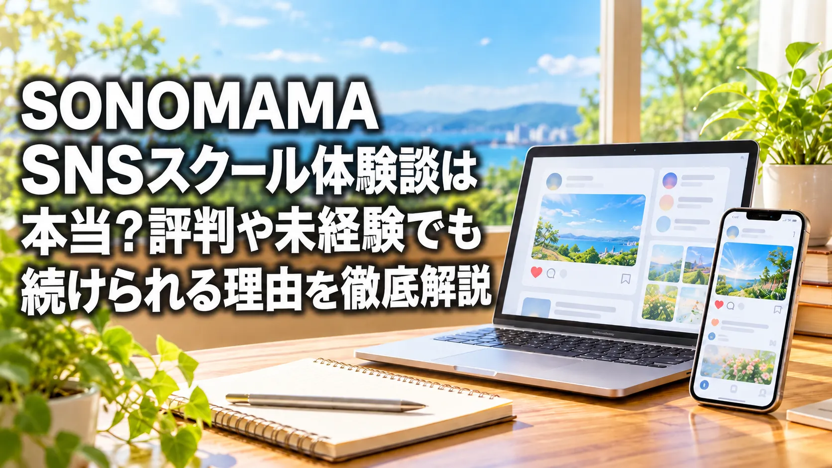 明るいデスクにSNS画面を表示したパソコンとスマートフォンを配置し、SONOMAMA SNSスクールの体験談や評判をイメージしたアイキャッチ画像。